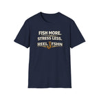 Navy blue Comfort Colors cotton t-shirt with "FISH MORE. STRESS LESS. REEL FSHN" text and a fishing hook graphic.