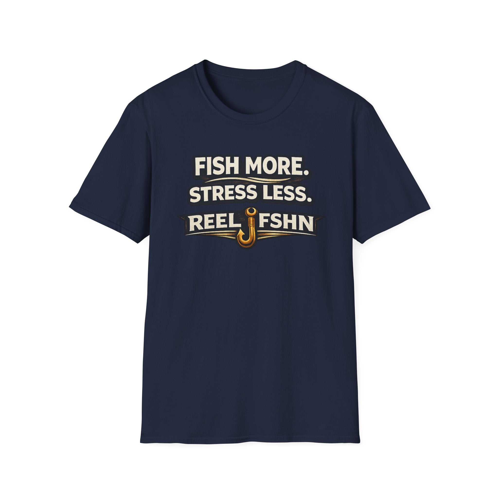 Navy blue Comfort Colors cotton t-shirt with "FISH MORE. STRESS LESS. REEL FSHN" text and a fishing hook graphic.