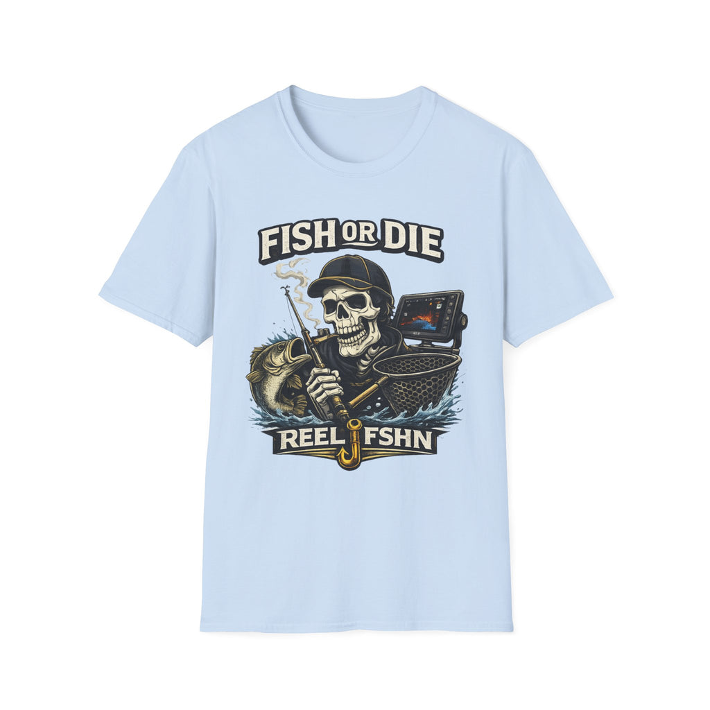 Light blue Comfort Colors cotton t-shirt with a "Fish or Die" skull fishing graphic, rod, net, and fish.