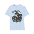 Light blue Comfort Colors cotton t-shirt with a "Fish or Die" skull fishing graphic, rod, net, and fish.