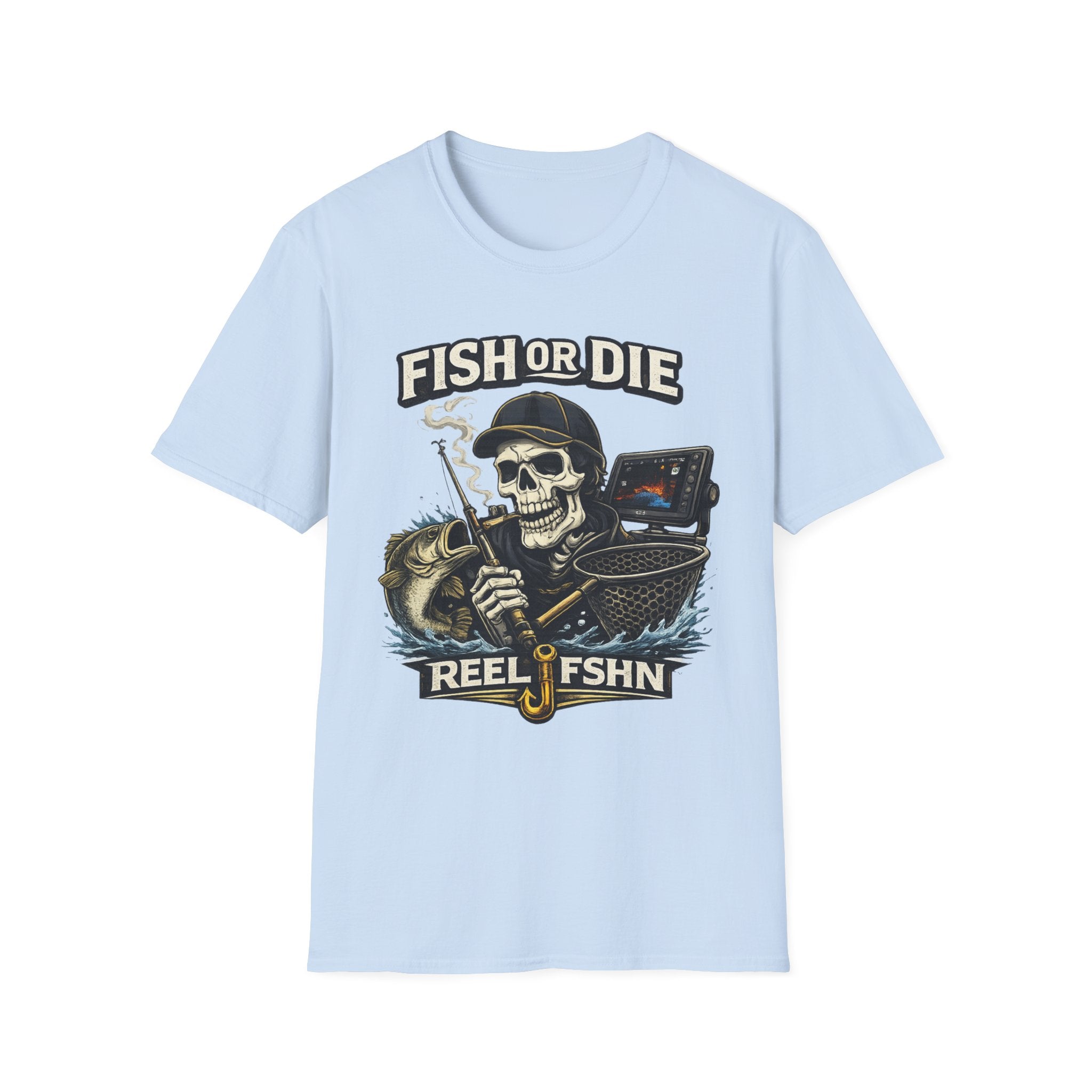 Light blue Comfort Colors cotton t-shirt with a "Fish or Die" skull fishing graphic, rod, net, and fish.