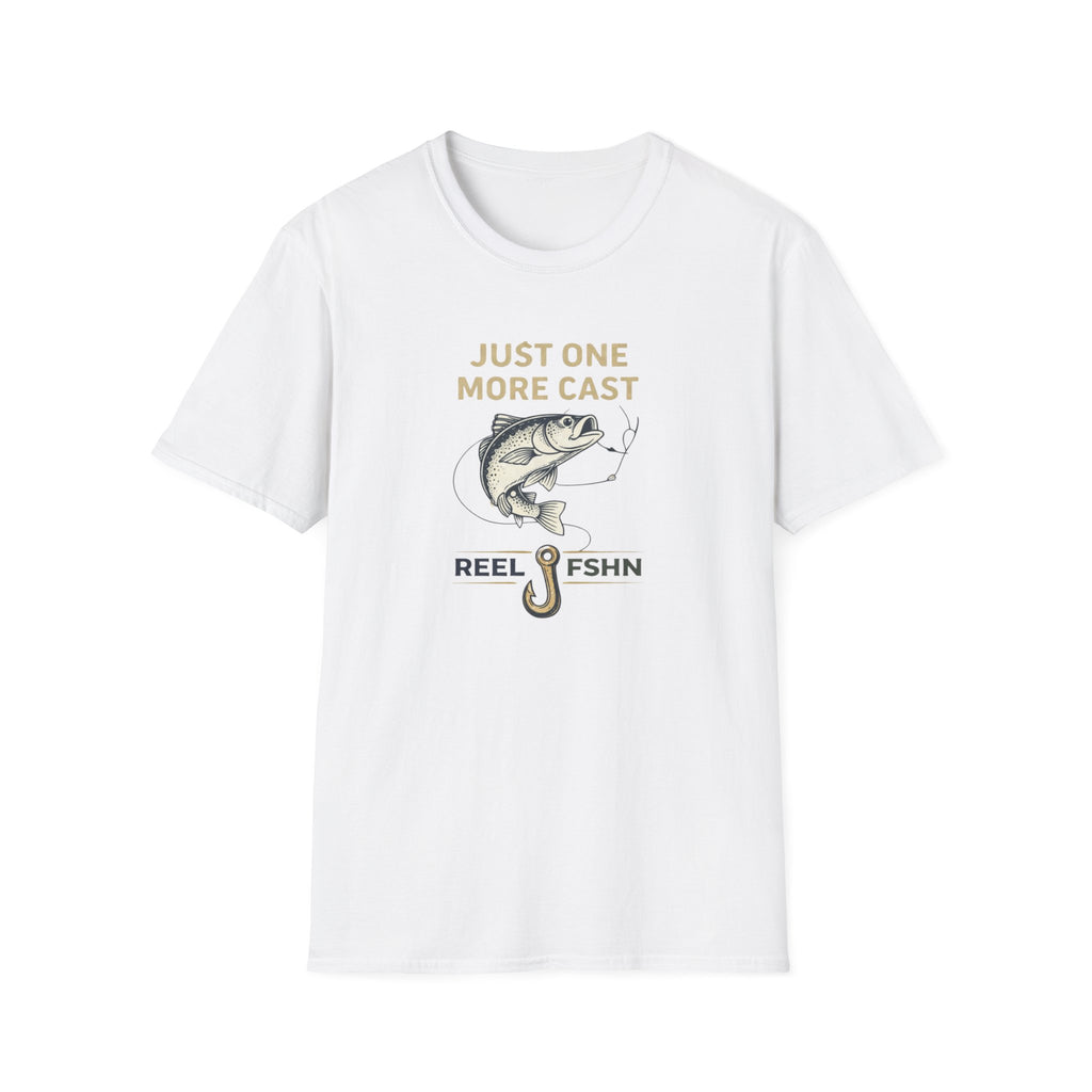 White Comfort Colors unisex t-shirt with "Just One More Cast" text, a bass fish, and a fishing hook graphic.