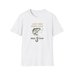 White Comfort Colors unisex t-shirt with "Just One More Cast" text, a bass fish, and a fishing hook graphic.