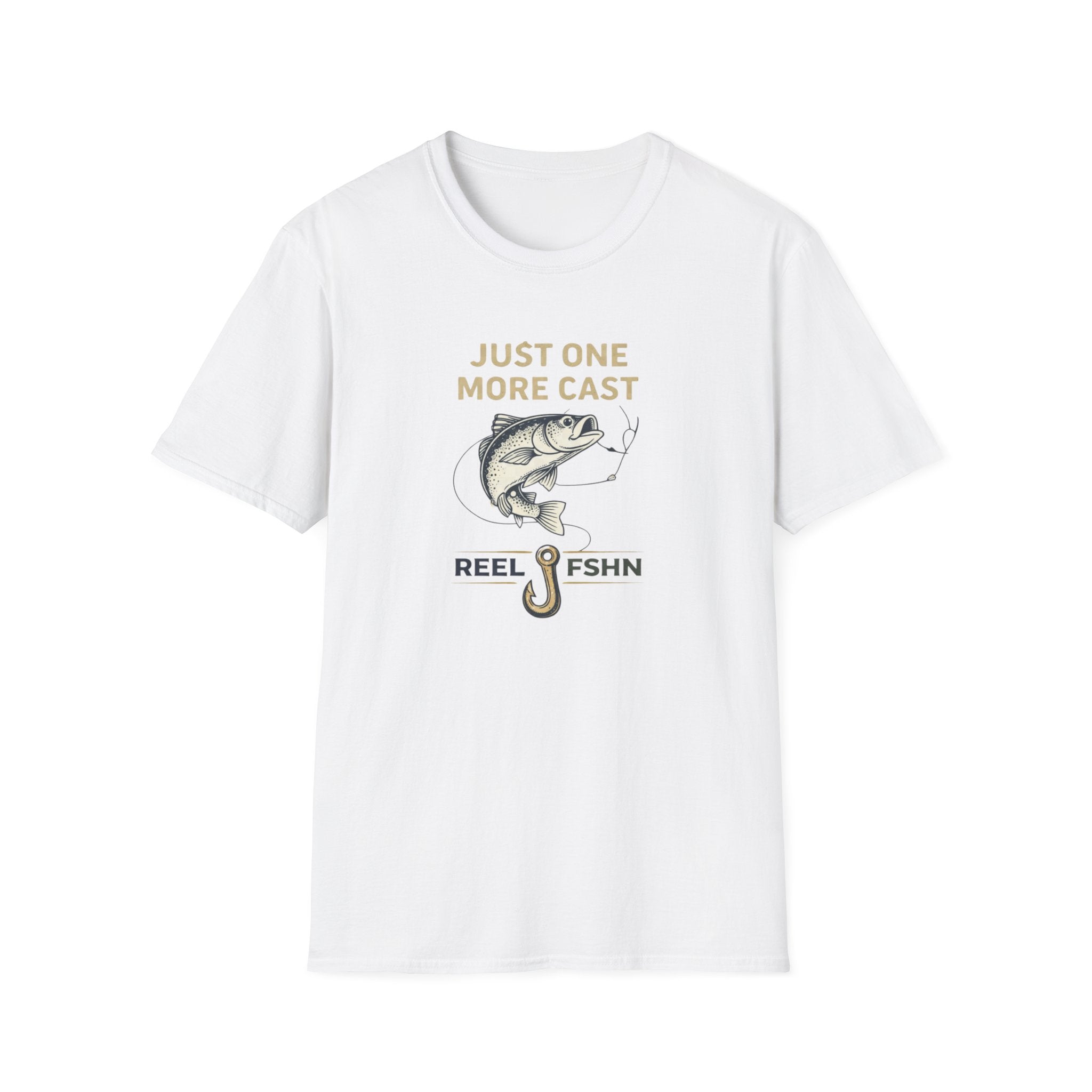 White Comfort Colors unisex t-shirt with "Just One More Cast" text, a bass fish, and a fishing hook graphic.