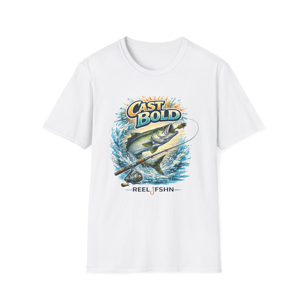 White "Cast Bold" Comfort Colors t-shirt with a colorful graphic of a fish leaping from water with a fishing rod.