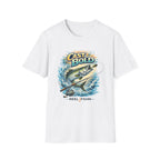White "Cast Bold" Comfort Colors t-shirt with a colorful graphic of a fish leaping from water with a fishing rod.