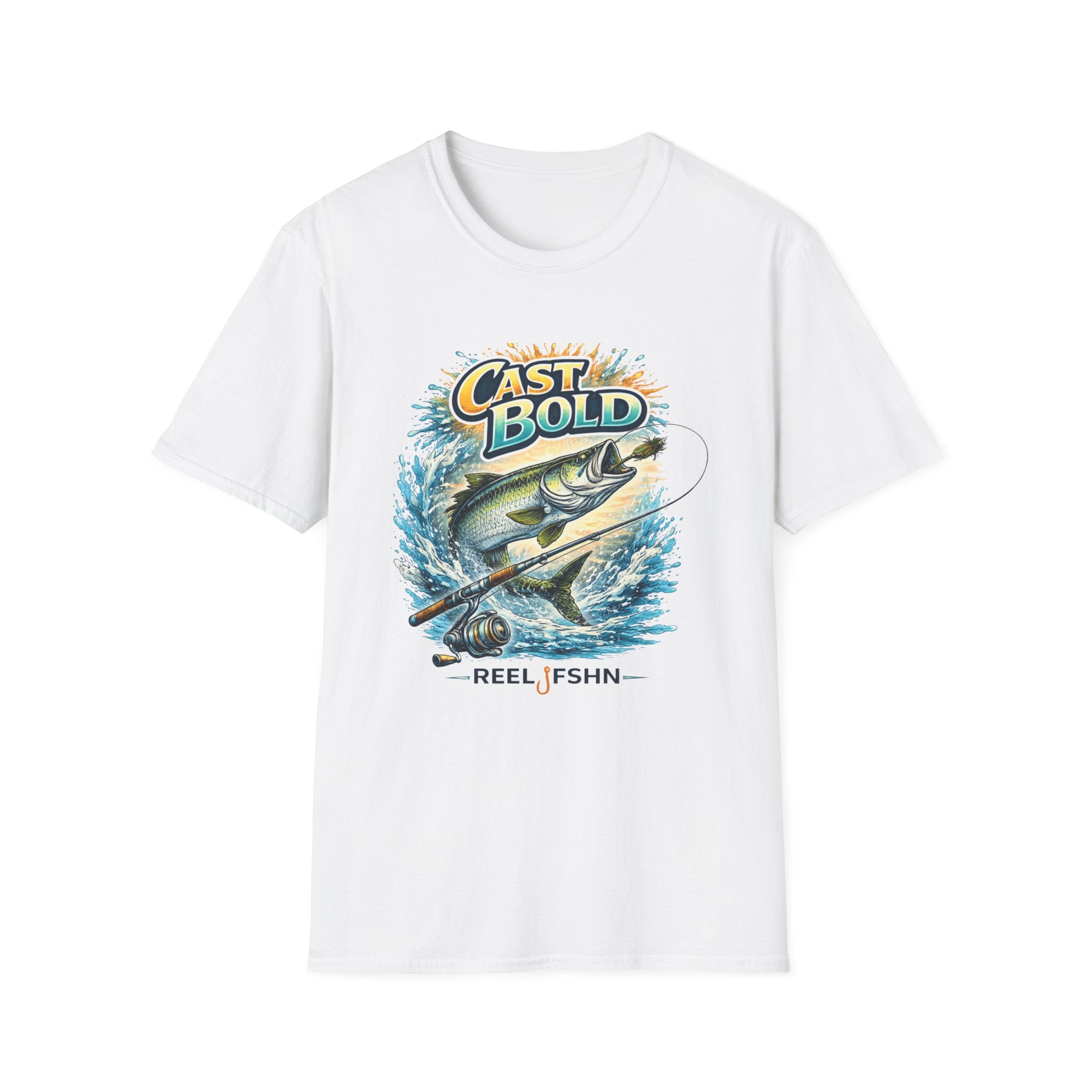 White "Cast Bold" Comfort Colors t-shirt with a colorful graphic of a fish leaping from water with a fishing rod.