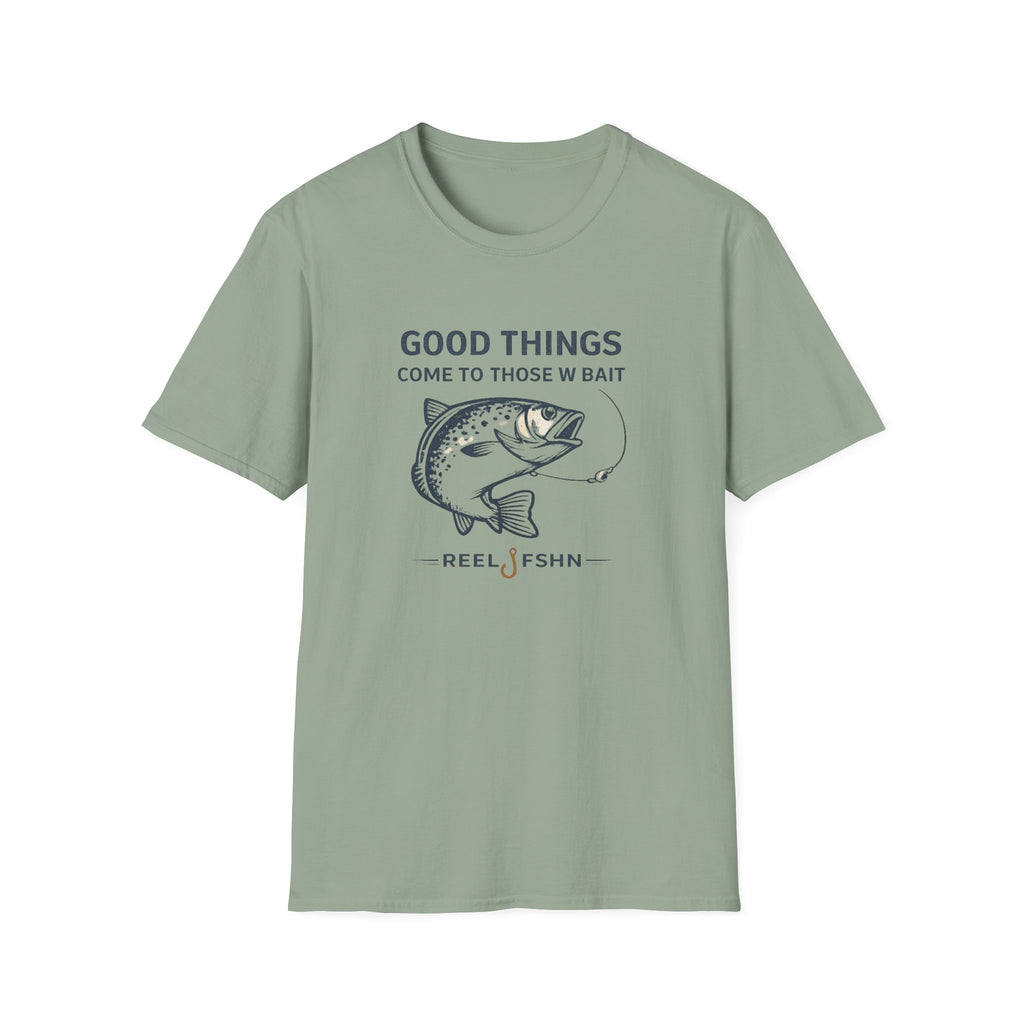 Sage green Comfort Colors t-shirt with "Good Things Come To Those W Bait" text and a fish graphic.
