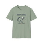 Sage green Comfort Colors t-shirt with "Good Things Come To Those W Bait" text and a fish graphic.
