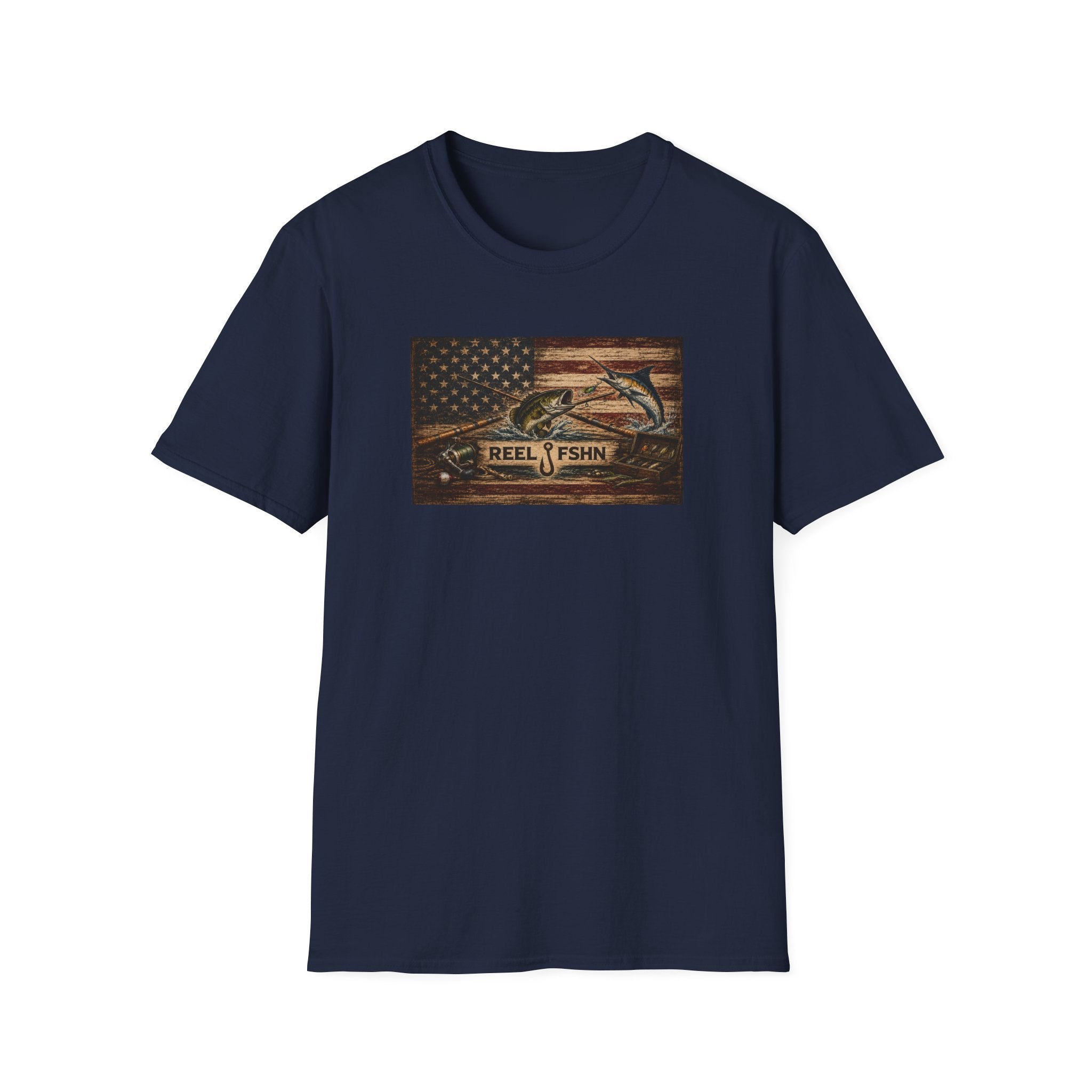 American Flag With Bass and Marlin T-Shirt