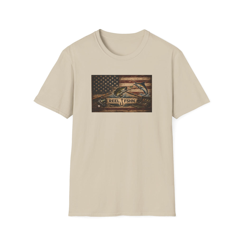 American Flag With Bass and Marlin T-Shirt