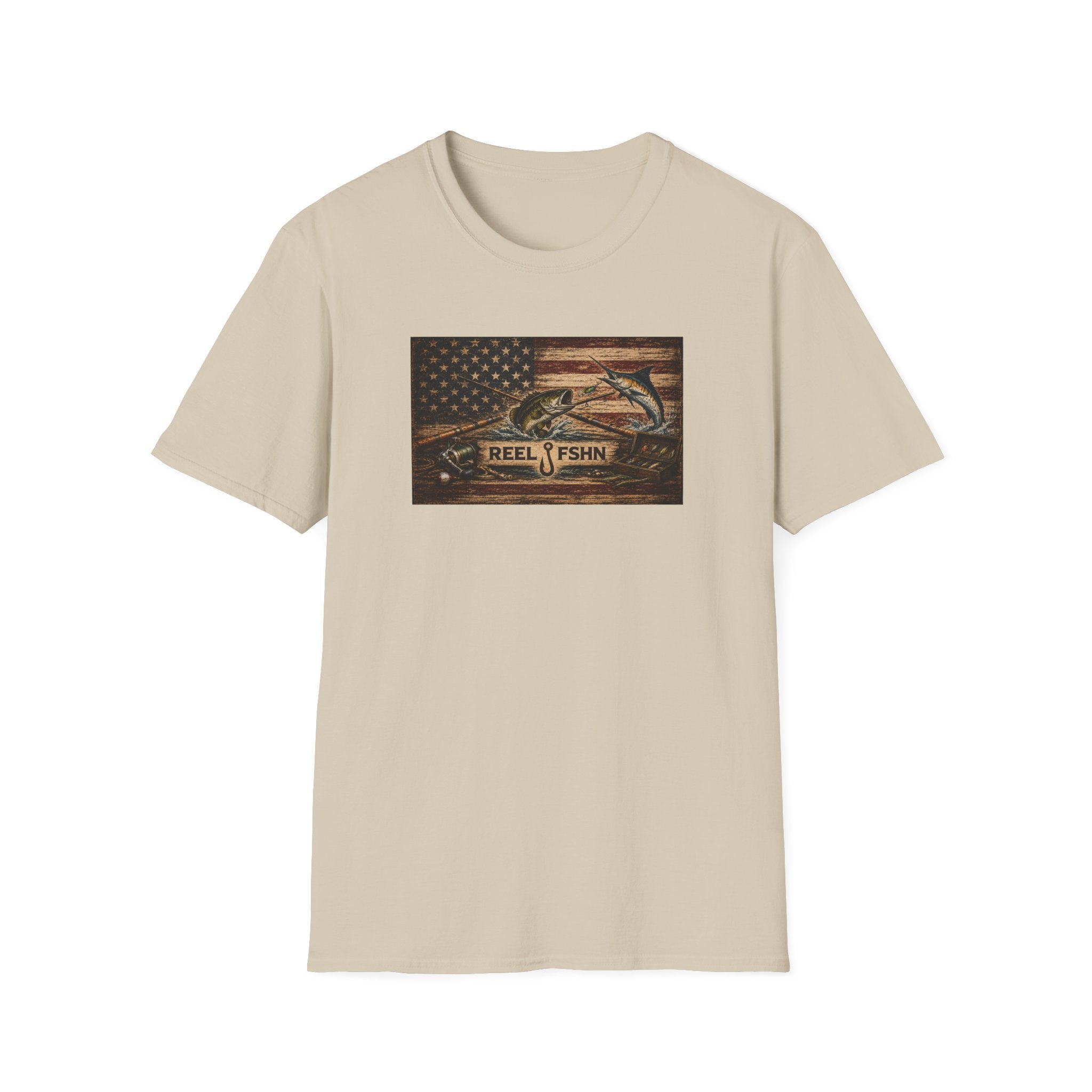 American Flag With Bass and Marlin T-Shirt