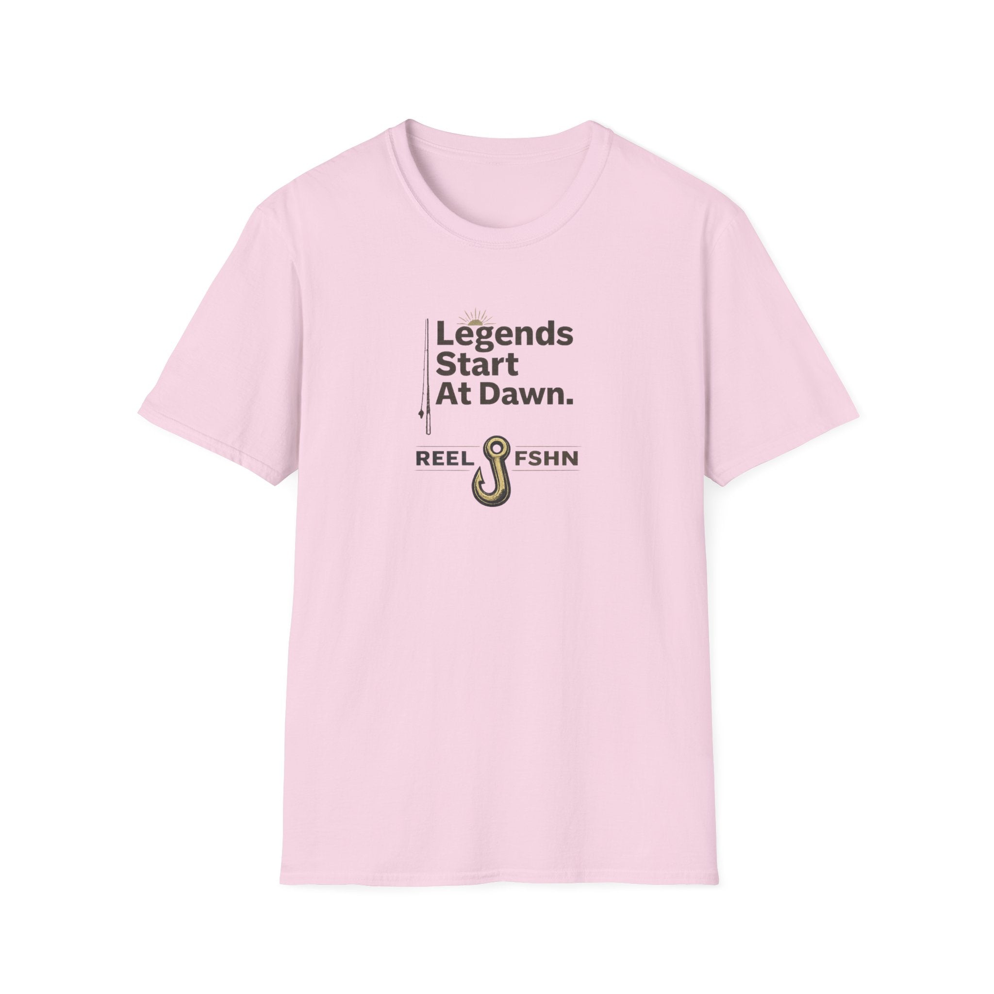 Pink Comfort Colors t-shirt with "Legends Start At Dawn." text and a fishing hook graphic.