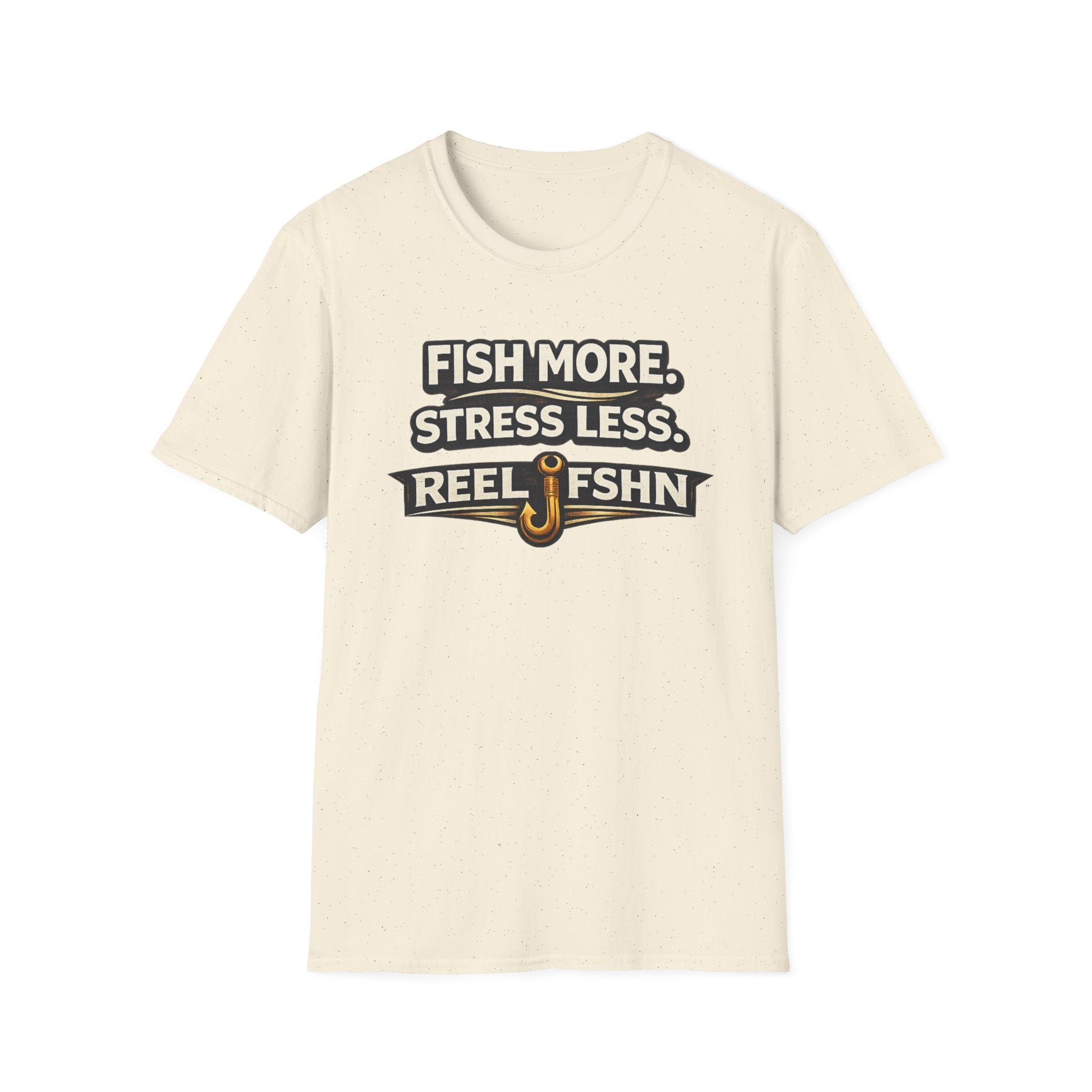 Comfort Colors unisex cream t-shirt with "Fish More. Stress Less. REEL FSHN" text and a fishing hook graphic.