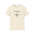 Comfort Colors Lake Therapy t-shirt in natural, featuring "Lake Therapy REEL FSHN" text with a fishing hook graphic.