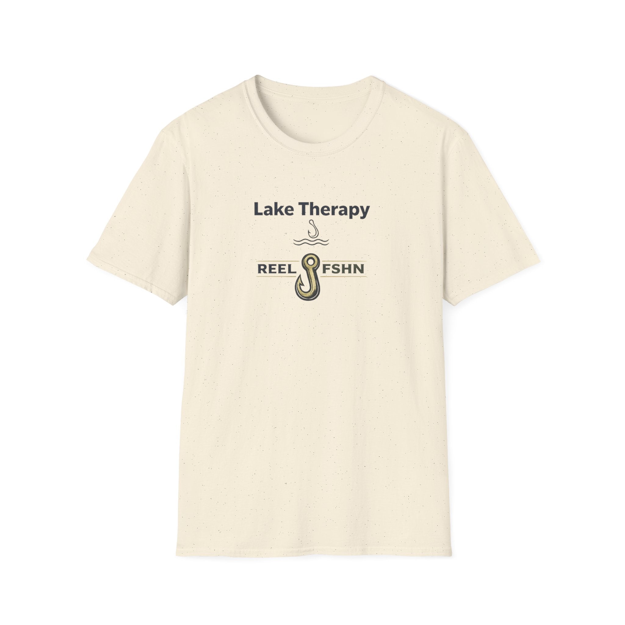 Comfort Colors Lake Therapy t-shirt in natural, featuring "Lake Therapy REEL FSHN" text with a fishing hook graphic.