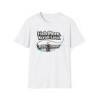 White Comfort Colors cotton t-shirt with "Fish More. Scroll Less. REEL FSHN" graphic featuring a fishing hook.