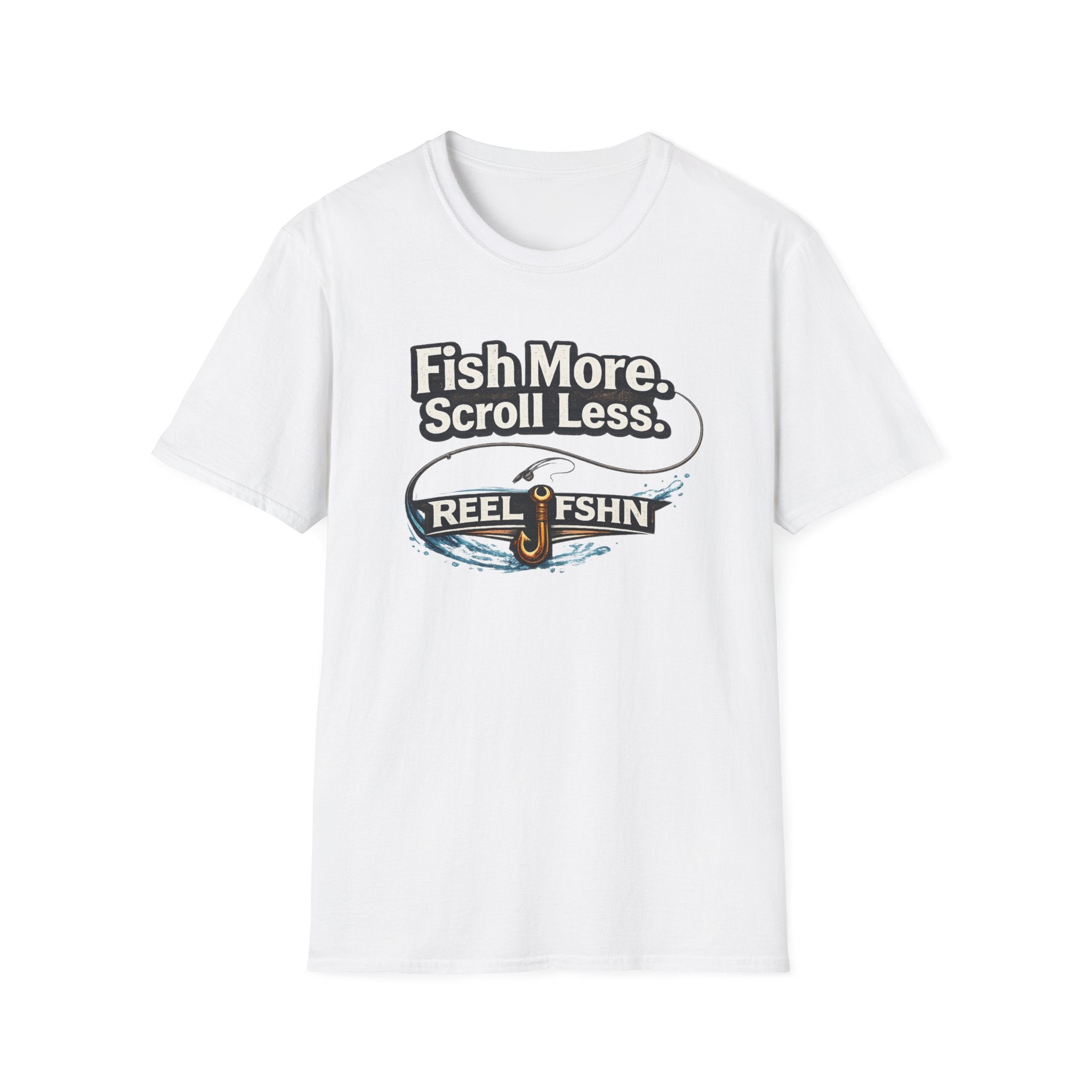 White Comfort Colors cotton t-shirt with "Fish More. Scroll Less. REEL FSHN" graphic featuring a fishing hook.