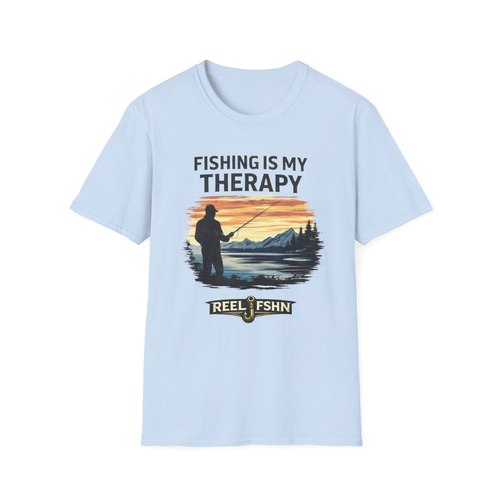 Light blue Comfort Colors unisex t-shirt with "Fishing Is My Therapy" text and a fishing silhouette graphic.