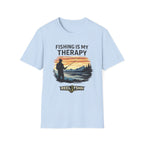 Light blue Comfort Colors unisex t-shirt with "Fishing Is My Therapy" text and a fishing silhouette graphic.