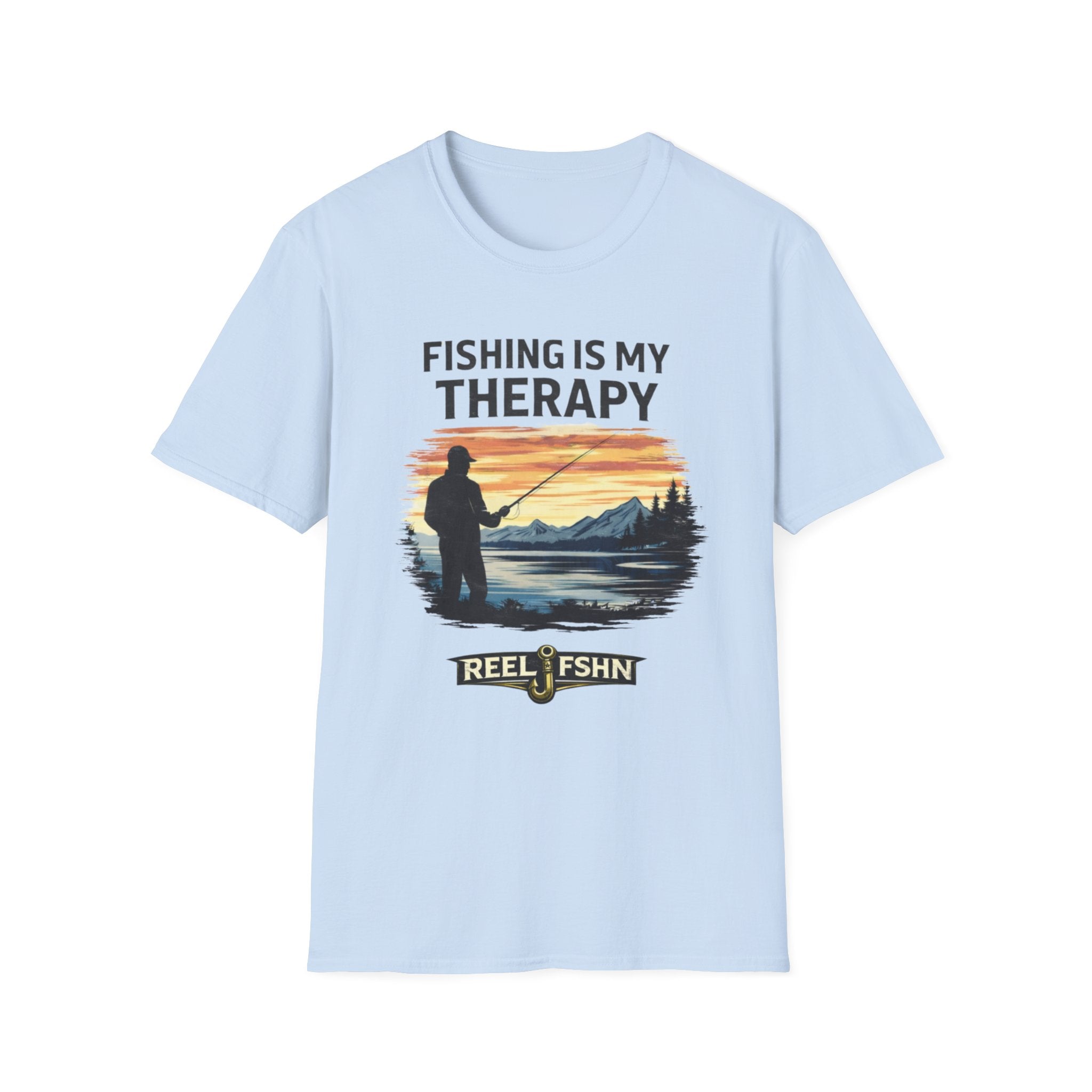 Light blue Comfort Colors unisex t-shirt with "Fishing Is My Therapy" text and a fishing silhouette graphic.