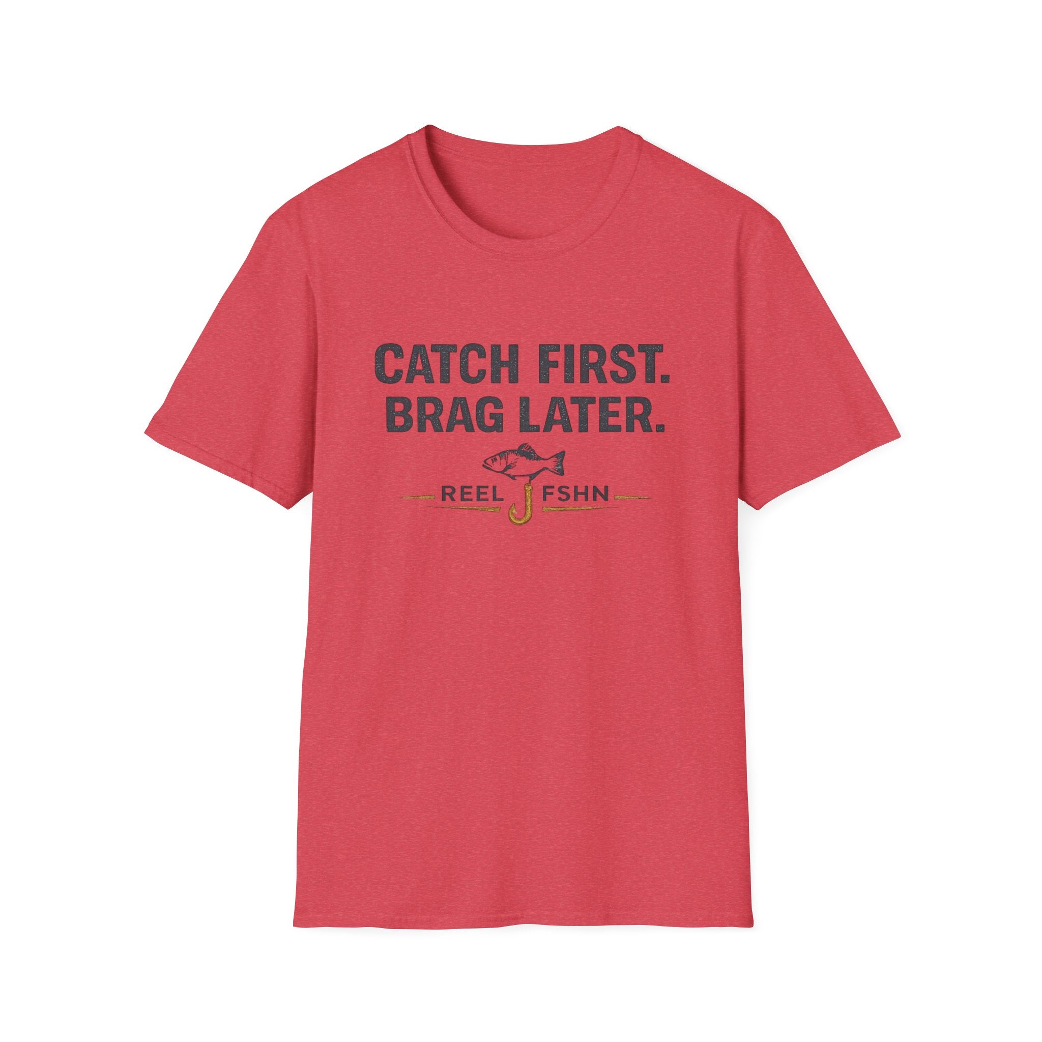 Red Comfort Colors unisex t-shirt with "Catch First. Brag Later." text and a fishing hook graphic.