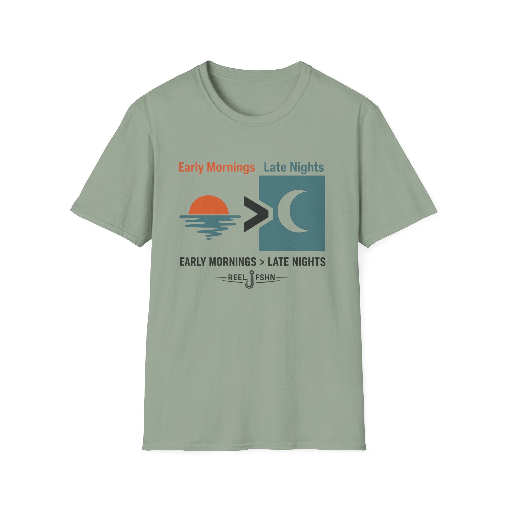Sage green Comfort Colors t-shirt with "Early Mornings > Late Nights" fishing graphic.