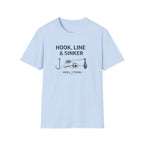 Light blue Comfort Colors cotton t-shirt with "Hook, Line & Sinker" text and fishing tackle graphic.