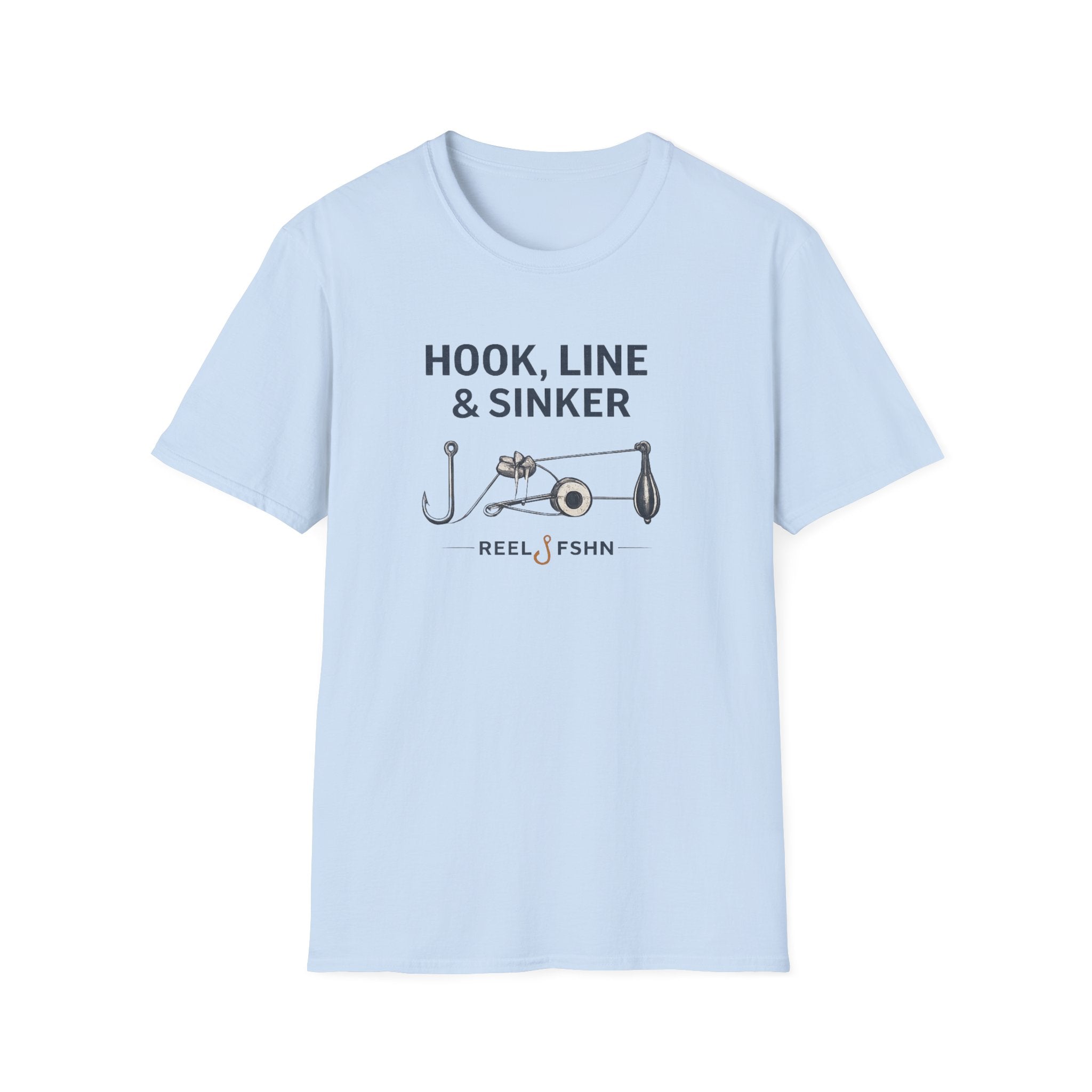 Light blue Comfort Colors cotton t-shirt with "Hook, Line & Sinker" text and fishing tackle graphic.
