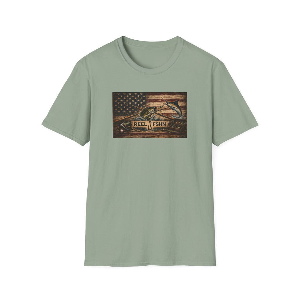 American Flag With Bass and Marlin T-Shirt