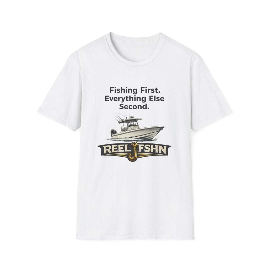 White Comfort Colors cotton t-shirt with "Fishing First. Everything Else Second." text, a boat graphic, and "REEL FSHN" logo.