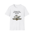 White Comfort Colors cotton t-shirt with "Fishing First. Everything Else Second." text, a boat graphic, and "REEL FSHN" logo.