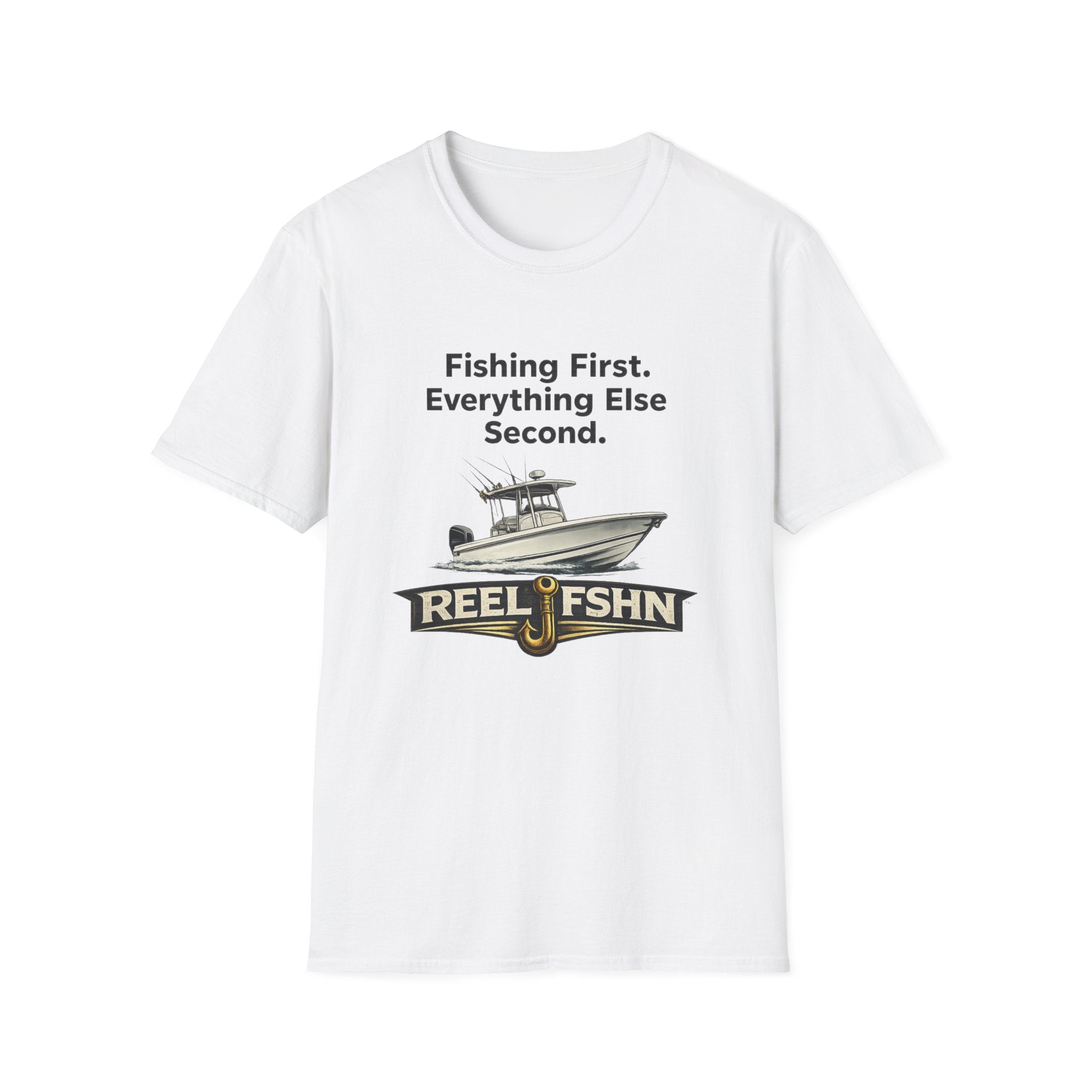 White Comfort Colors cotton t-shirt with "Fishing First. Everything Else Second." text, a boat graphic, and "REEL FSHN" logo.