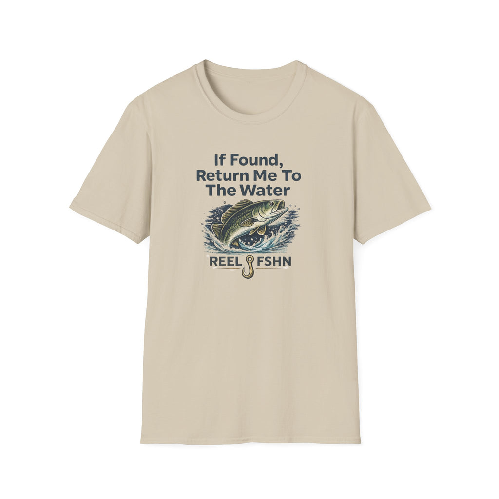 Comfort Colors "If Found, Return Me To The Water" t-shirt with a bass jumping from water and a fishing hook.