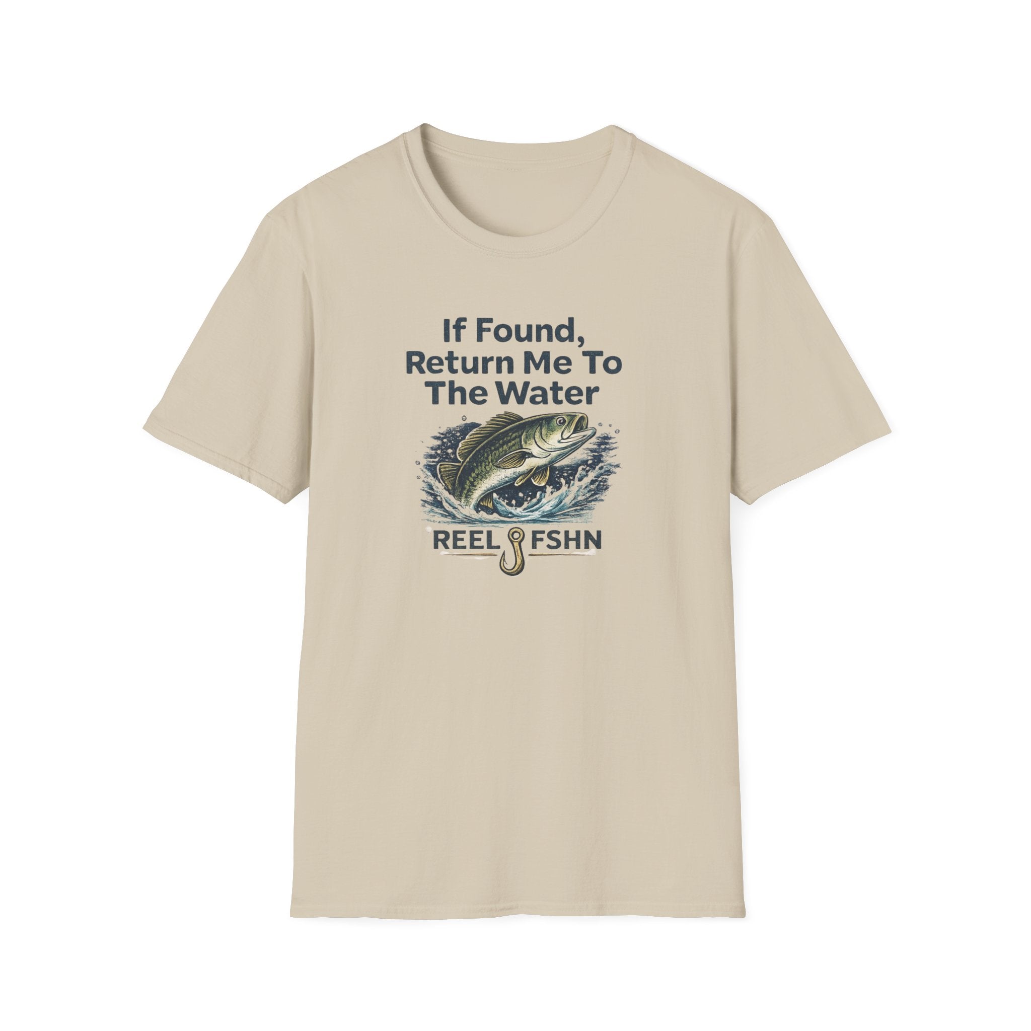 Comfort Colors "If Found, Return Me To The Water" t-shirt with a bass jumping from water and a fishing hook.