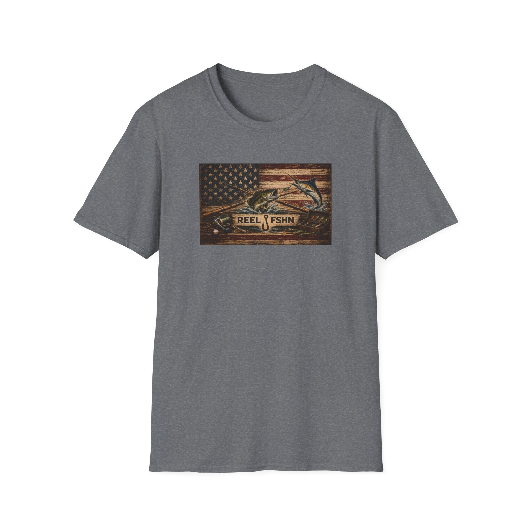 American Flag With Bass and Marlin T-Shirt