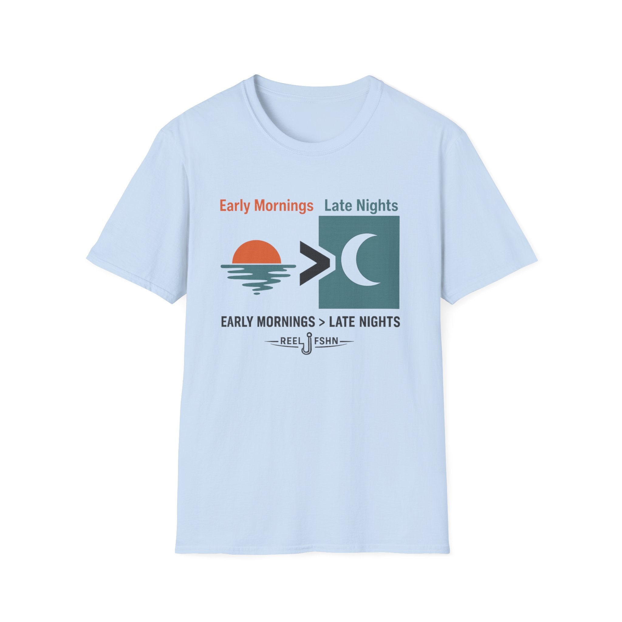 Light blue Comfort Colors t-shirt with "Early Mornings > Late Nights" fishing graphic and sunset/moon design.