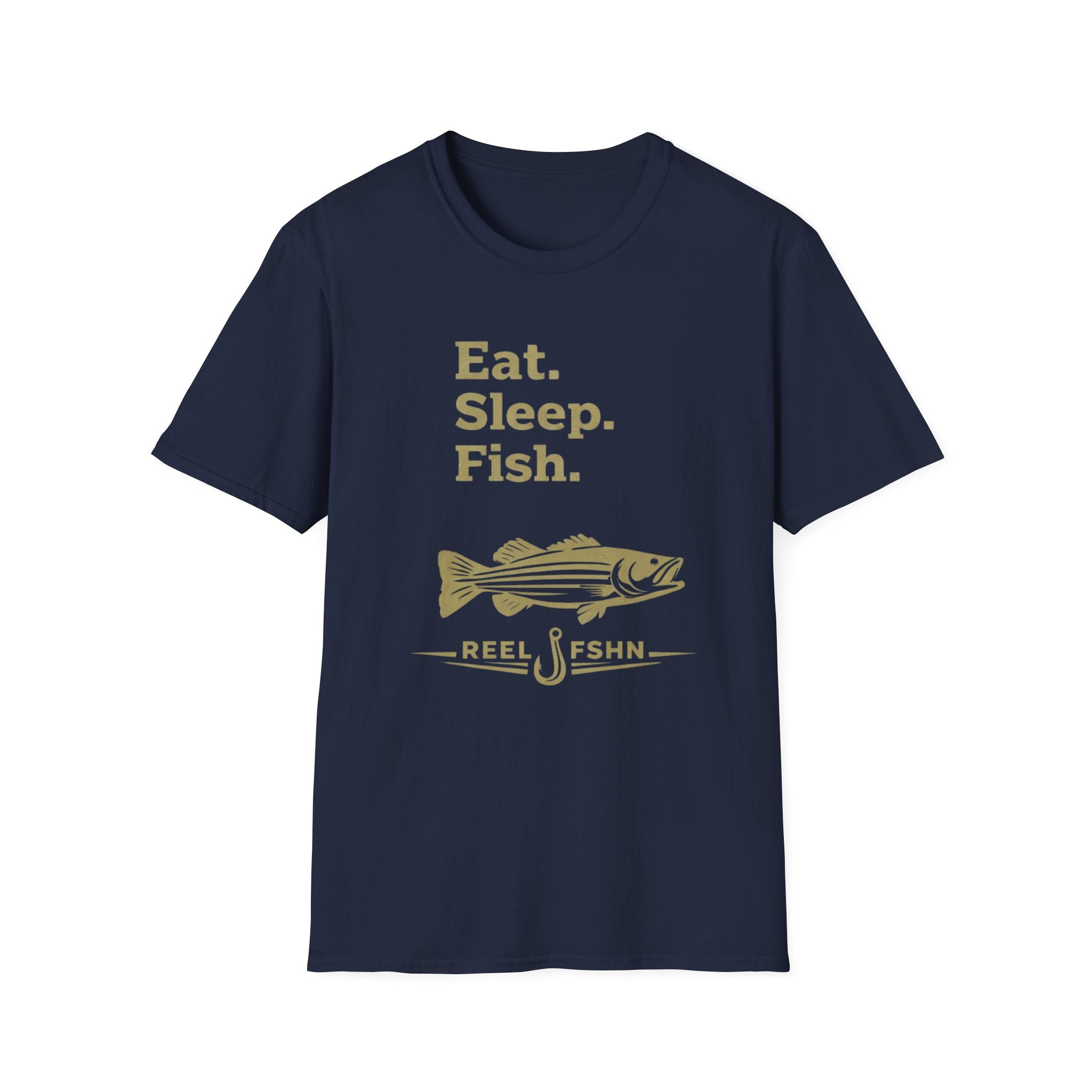 Navy blue Comfort Colors unisex t-shirt with "Eat. Sleep. Fish." and a striped bass design in gold.