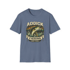 Unisex Comfort Colors blue t-shirt with "Addick Fishing" graphic featuring a jumping bass.