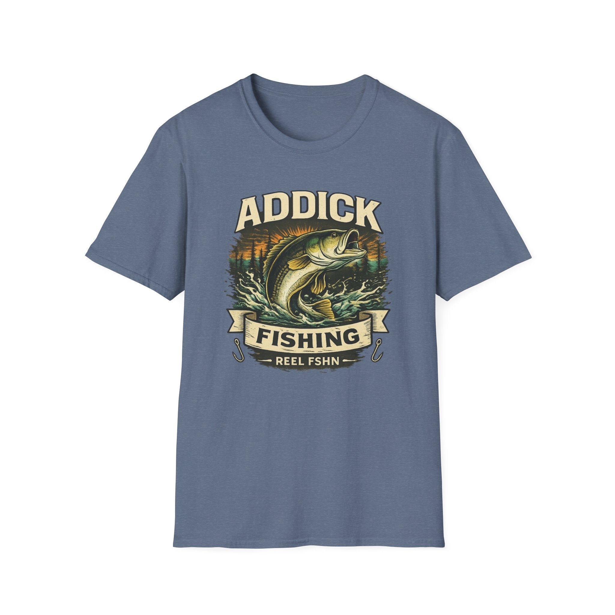 Unisex Comfort Colors blue t-shirt with "Addick Fishing" graphic featuring a jumping bass.