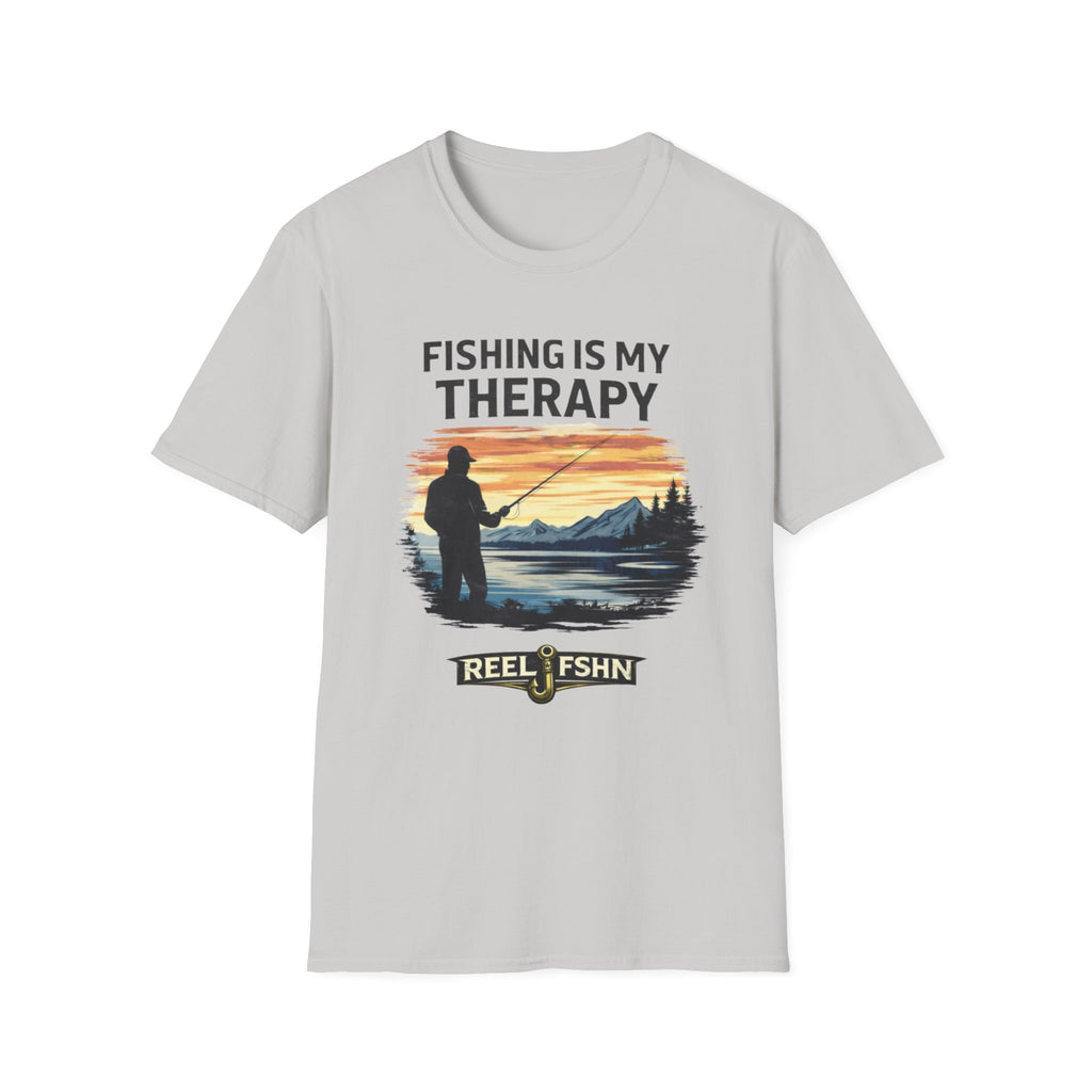 Light gray Comfort Colors t-shirt with "Fishing Is My Therapy" text and a graphic of a fisherman at sunset.