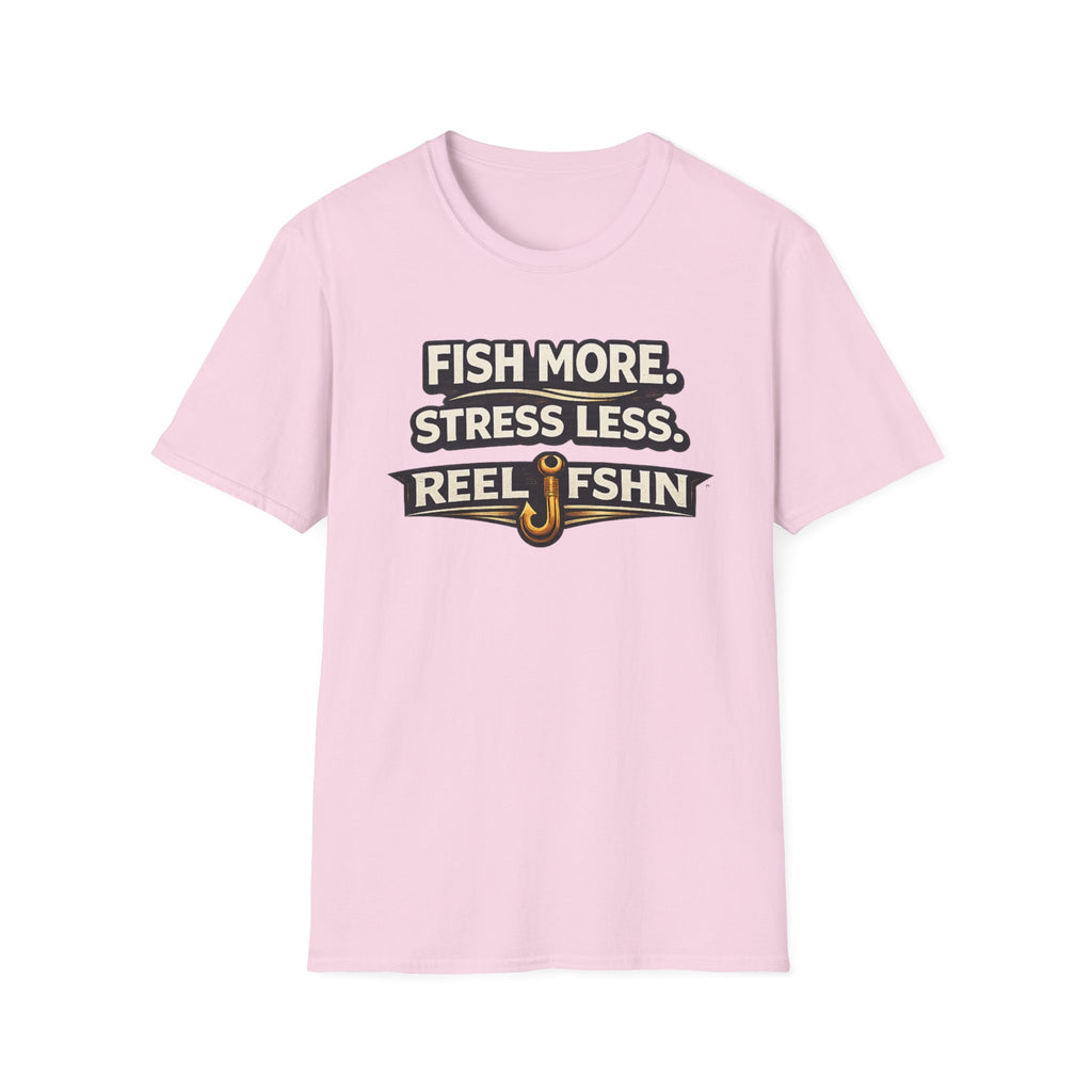 Light pink Comfort Colors unisex t-shirt with "FISH MORE. STRESS LESS. REEL FSHN" graphic and a fishing hook.