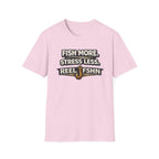 Light pink Comfort Colors unisex t-shirt with "FISH MORE. STRESS LESS. REEL FSHN" graphic and a fishing hook.