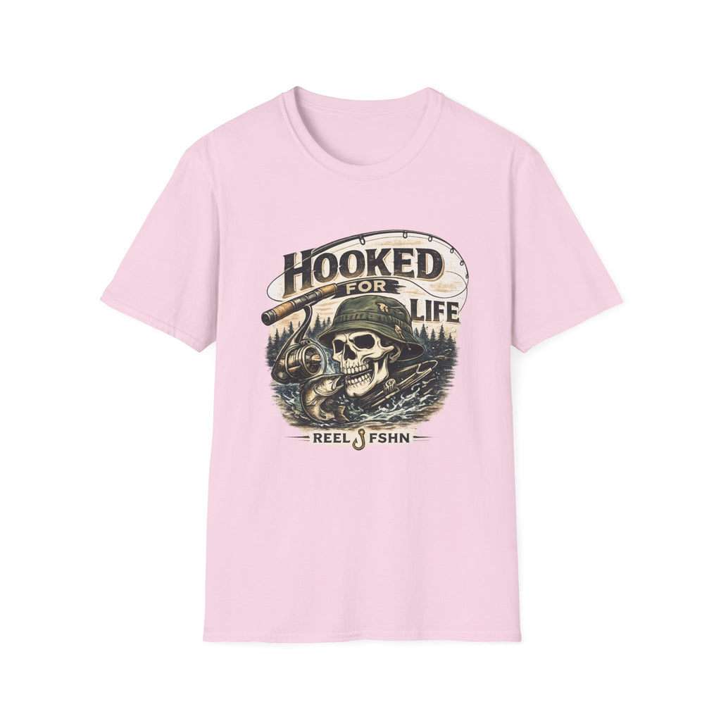 Light pink Comfort Colors unisex t-shirt with "Hooked For Life" text and a fishing skull graphic.
