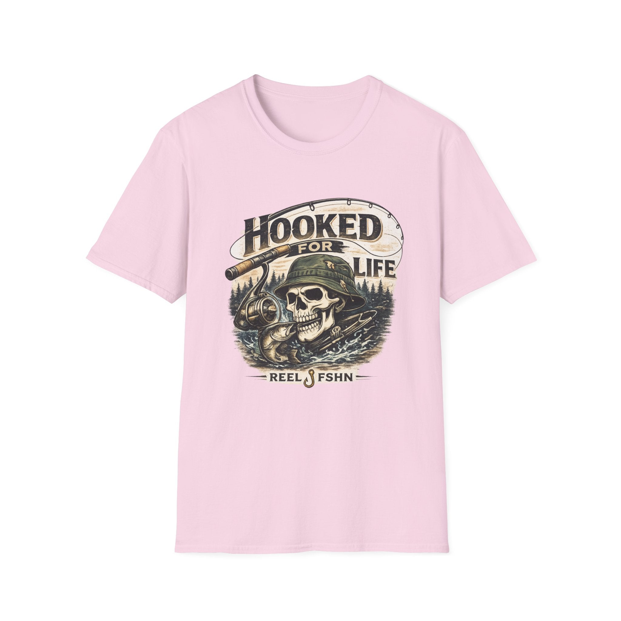 Light pink Comfort Colors unisex t-shirt with "Hooked For Life" text and a fishing skull graphic.