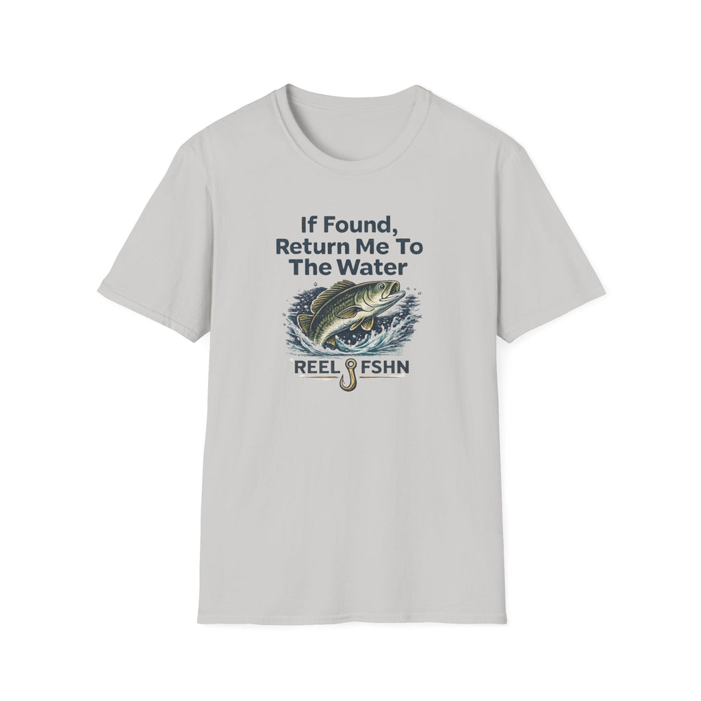 Light gray Comfort Colors cotton t-shirt with "If Found, Return Me To The Water" text and a jumping bass graphic.