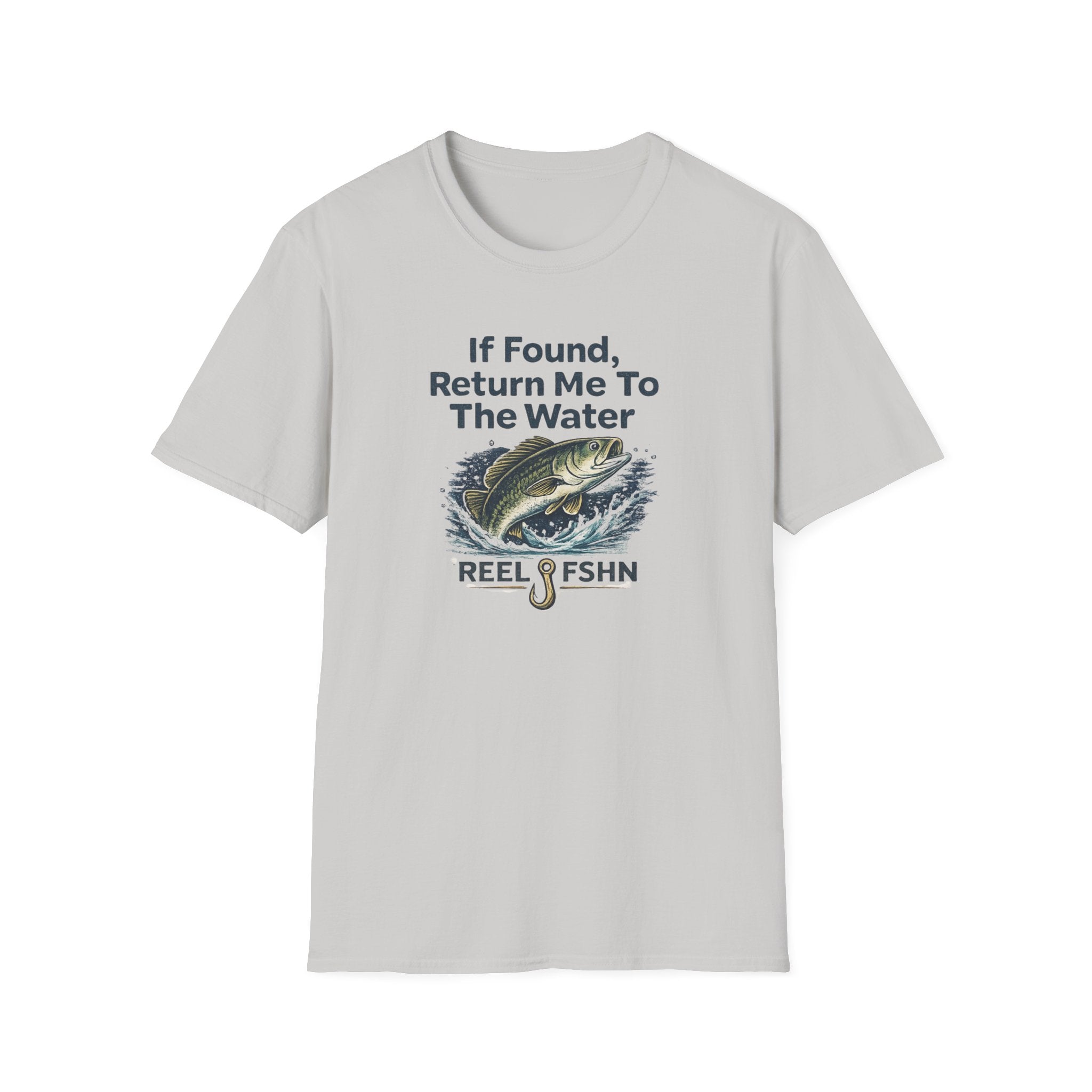 Light gray Comfort Colors cotton t-shirt with "If Found, Return Me To The Water" text and a jumping bass graphic.