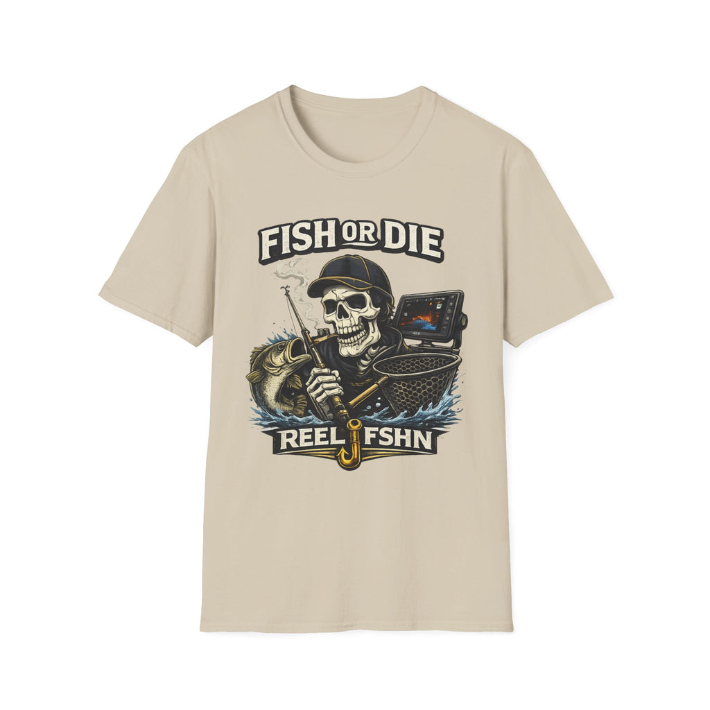 Beige Comfort Colors t-shirt with a skull wearing a fishing hat, holding a rod, and a bass. Text reads "FISH OR DIE REEL FSHN".