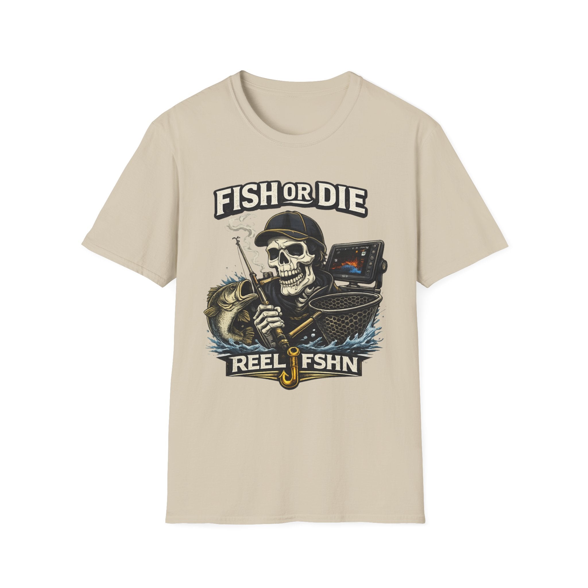Beige Comfort Colors t-shirt with a skull wearing a fishing hat, holding a rod, and a bass. Text reads "FISH OR DIE REEL FSHN".