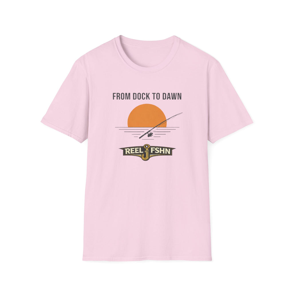 Pink Comfort Colors t-shirt with "From Dock To Dawn" sunset and fishing rod graphic.